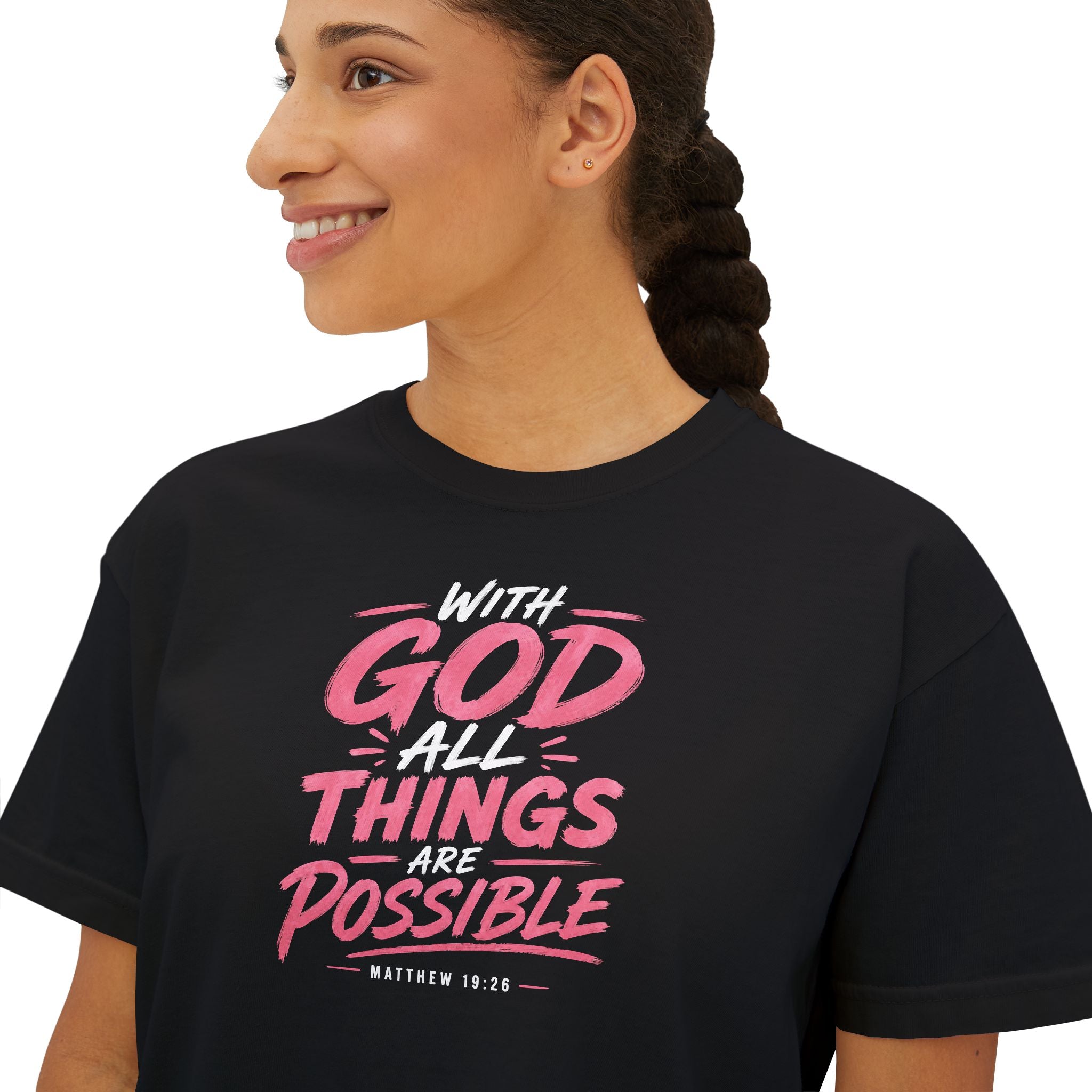 With God All Things Are Possible Women's Boxy Tee — Inspirational Christian Faith Shirt