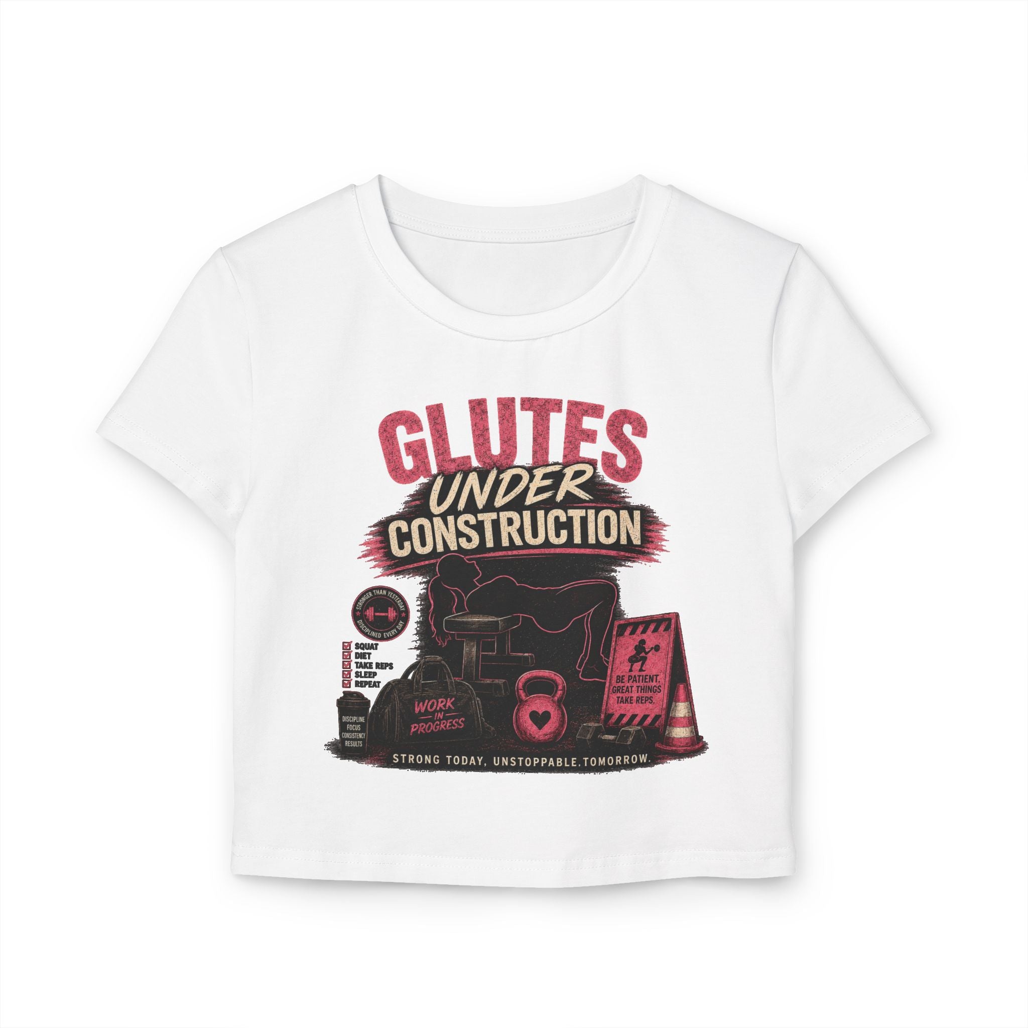 Glutes Under Construction Baby Tee — Women’s Fitness Crop Top