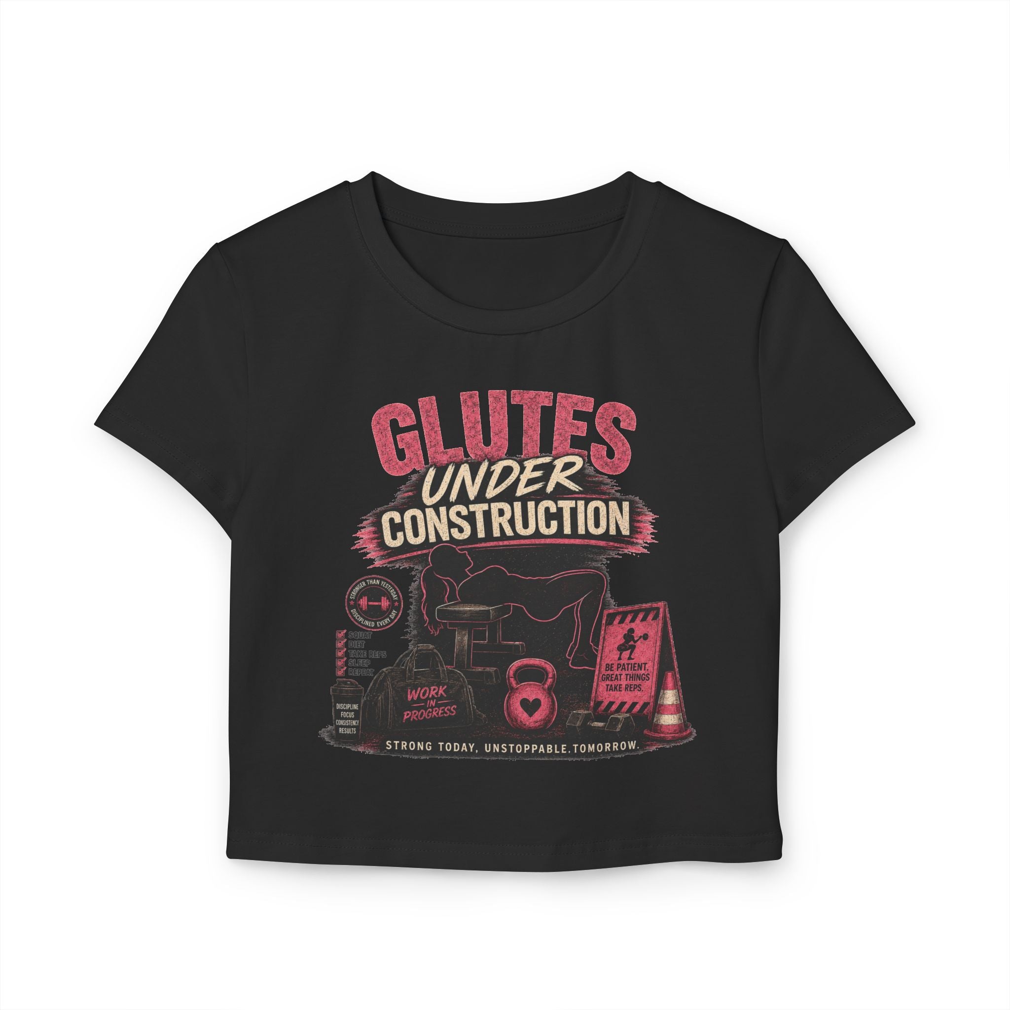 Glutes Under Construction Baby Tee — Women’s Fitness Crop Top
