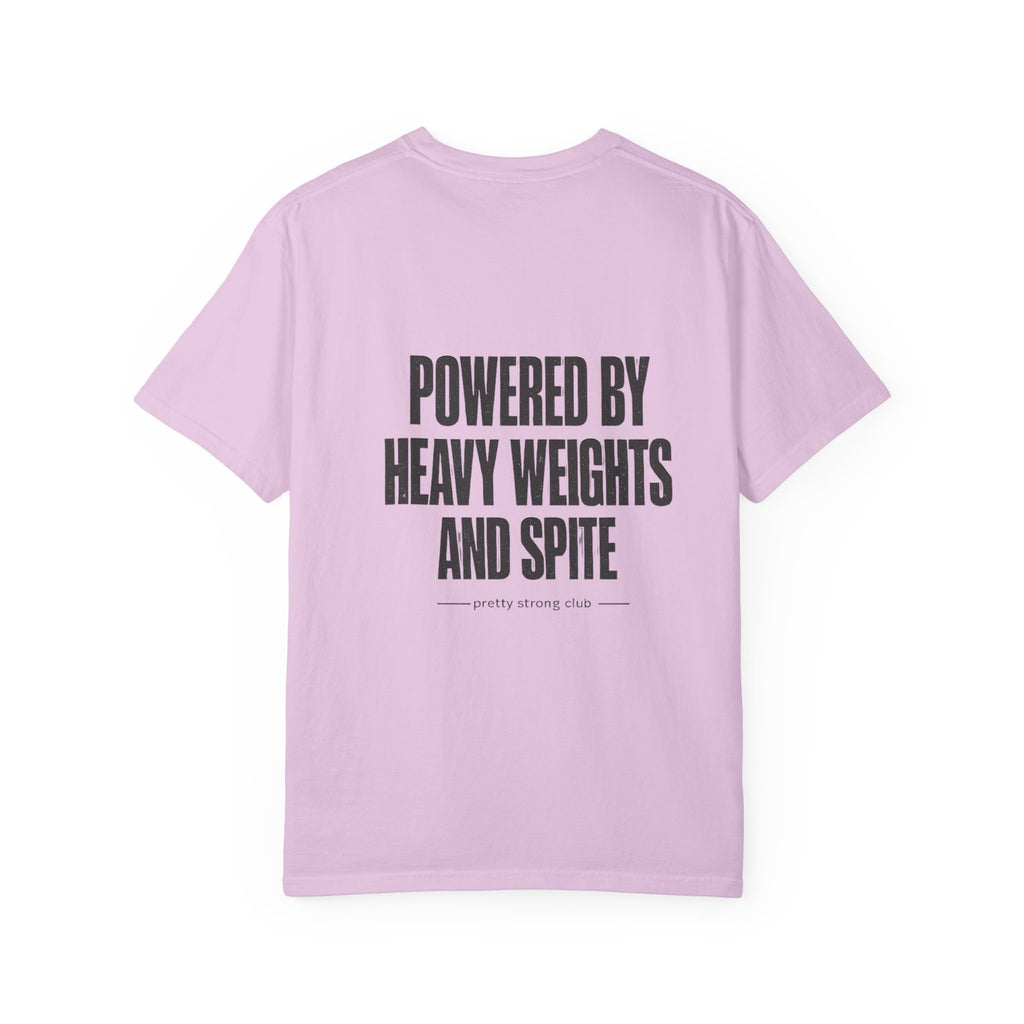 Graphic T-Shirt — "Powered by Heavy Weights and Spite" Workout Tee