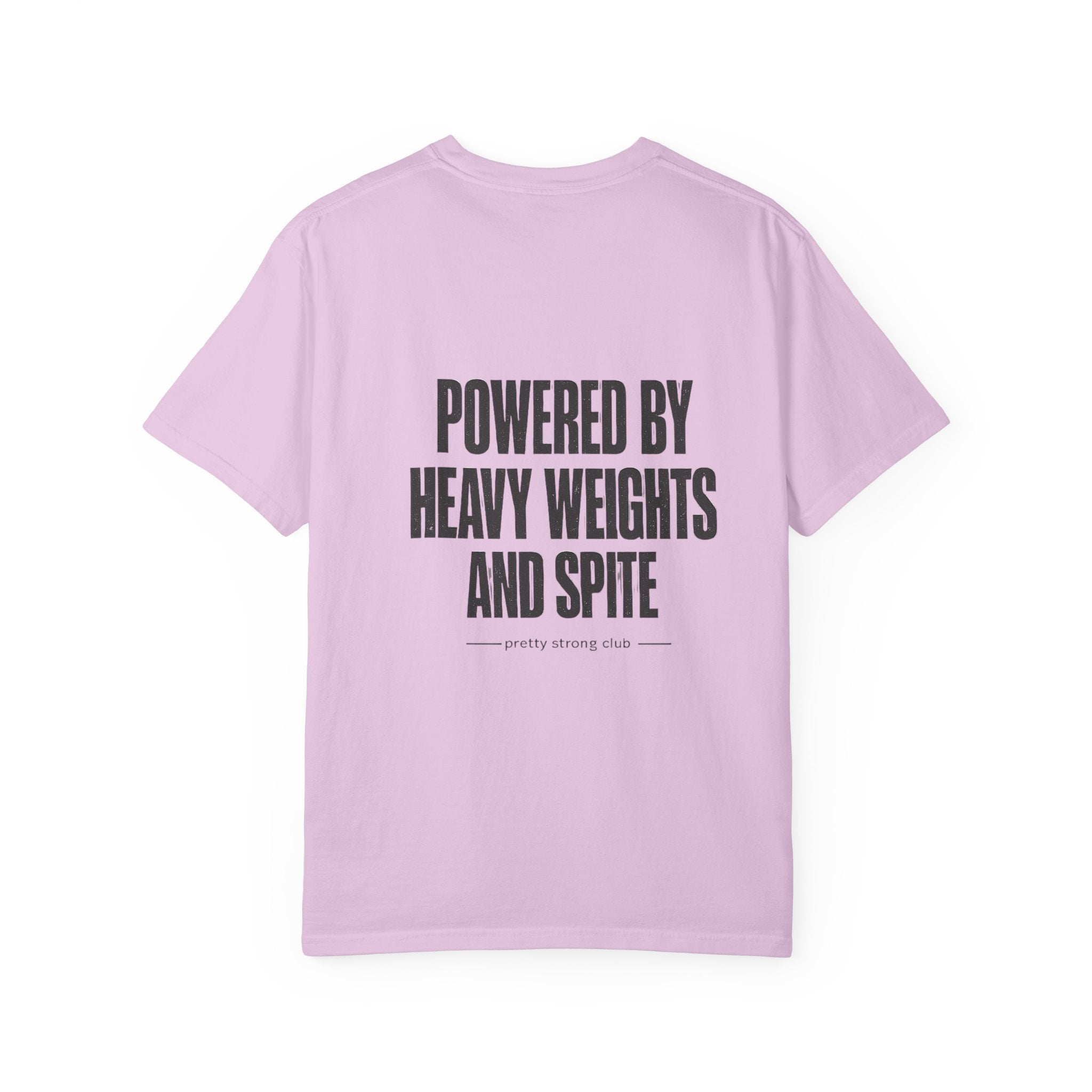 Graphic T-Shirt — "Powered by Heavy Weights and Spite" Workout Tee