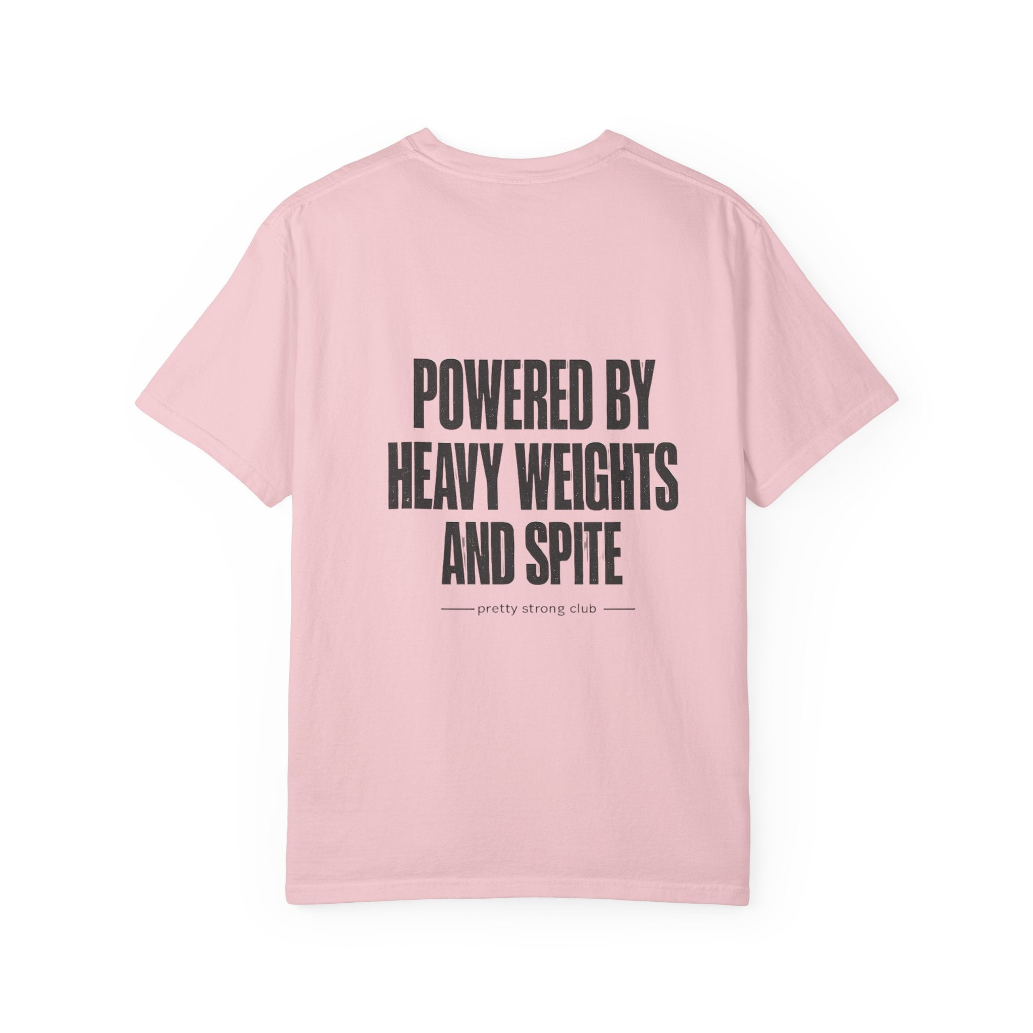 Graphic T-Shirt — "Powered by Heavy Weights and Spite" Workout Tee