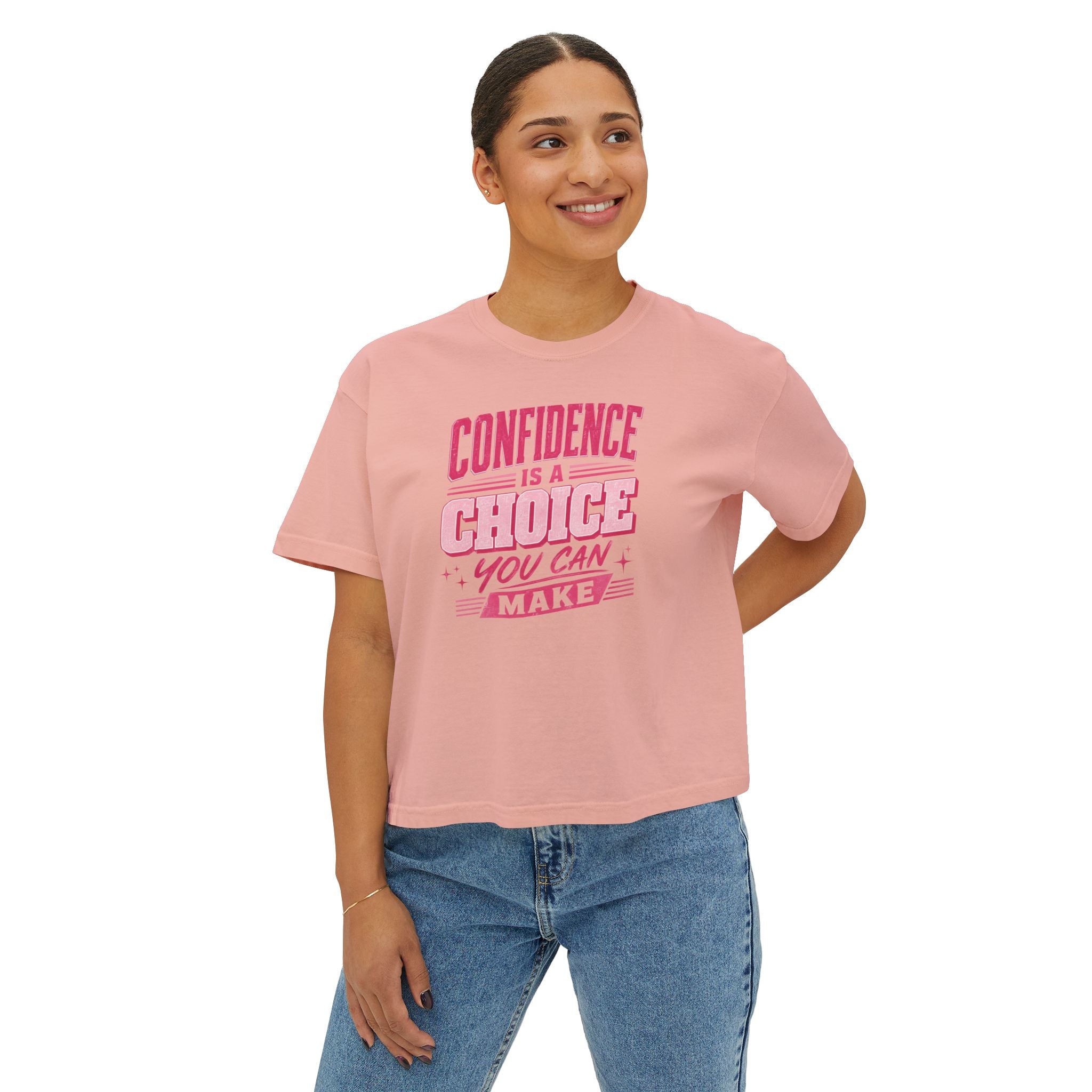 Confidence Is a Choice Women’s Boxy Tee — Empowering Pink Graphic Shirt