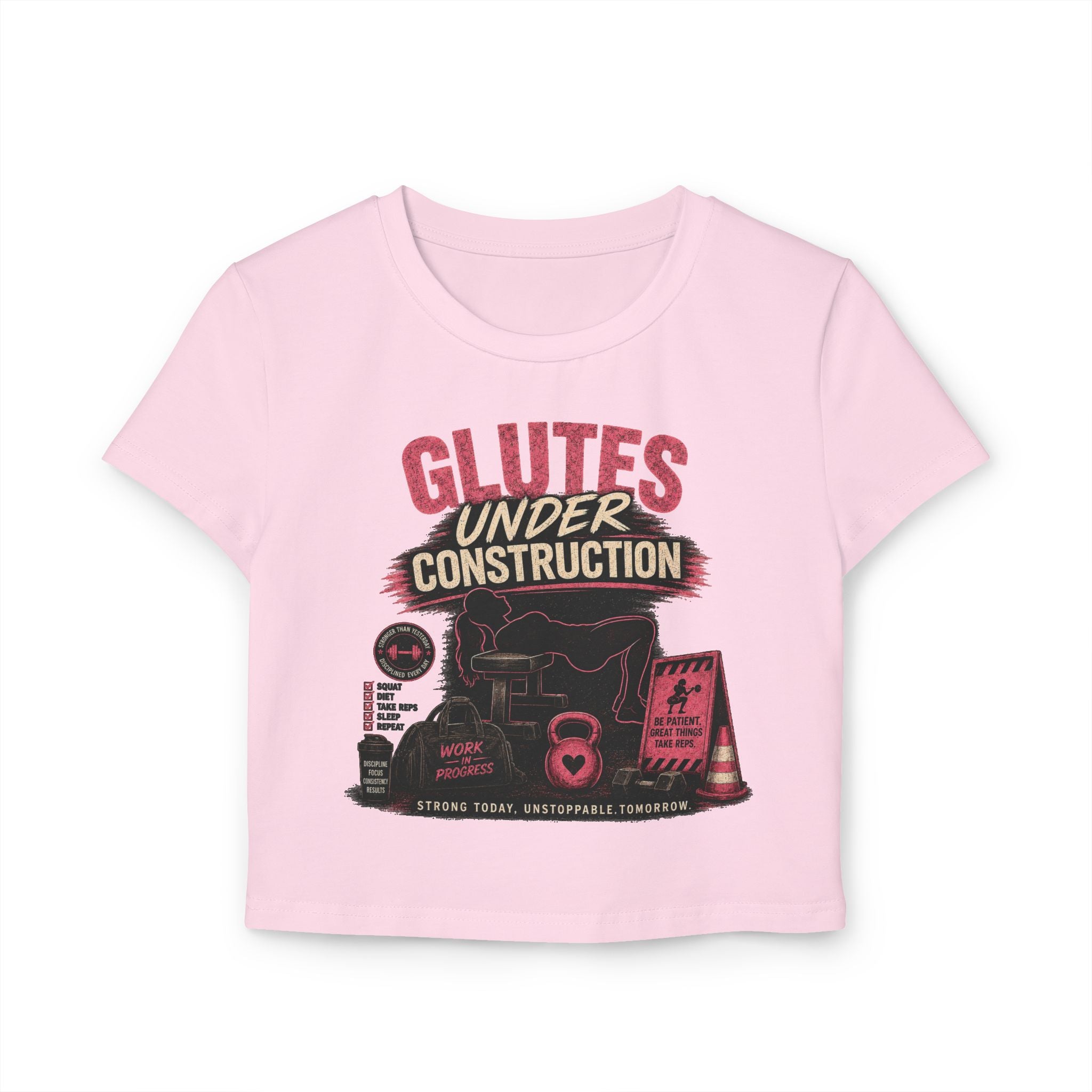 Glutes Under Construction Baby Tee — Women’s Fitness Crop Top