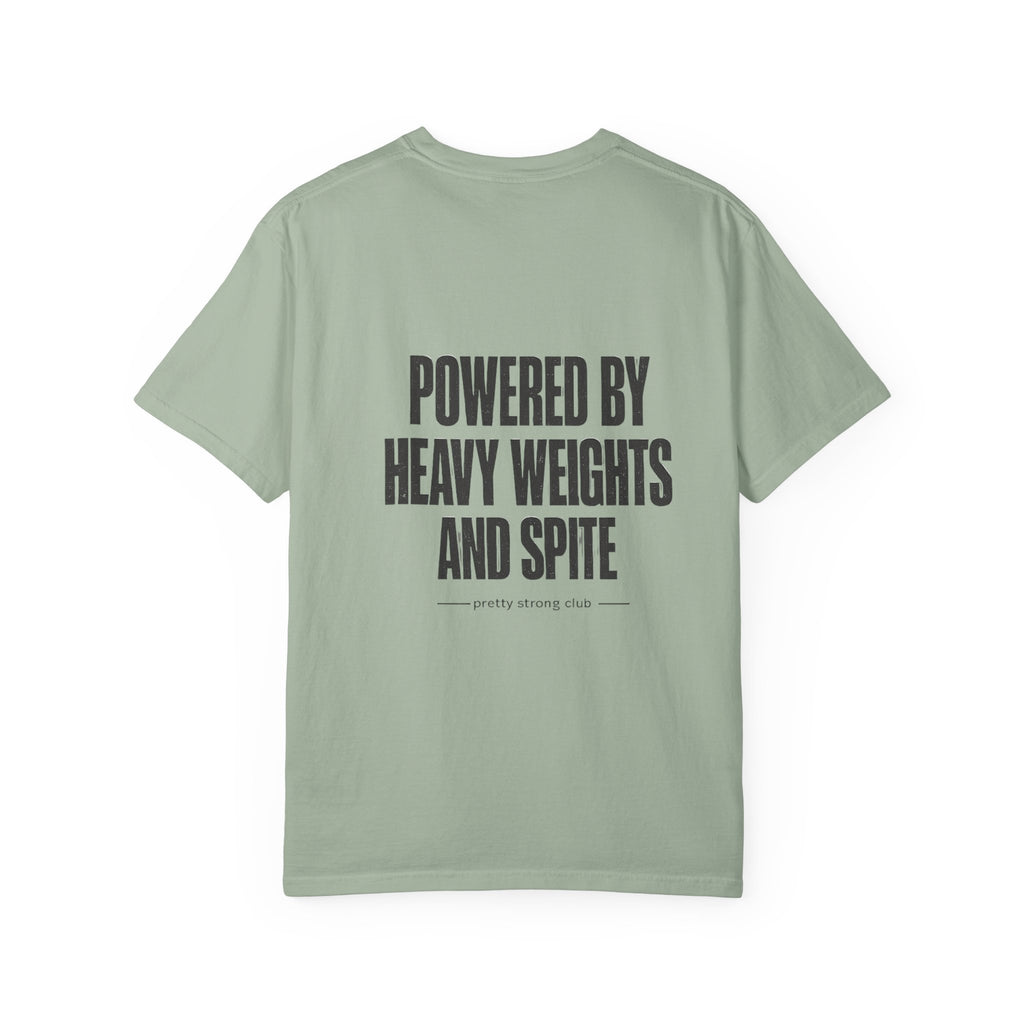 Graphic T-Shirt — "Powered by Heavy Weights and Spite" Workout Tee